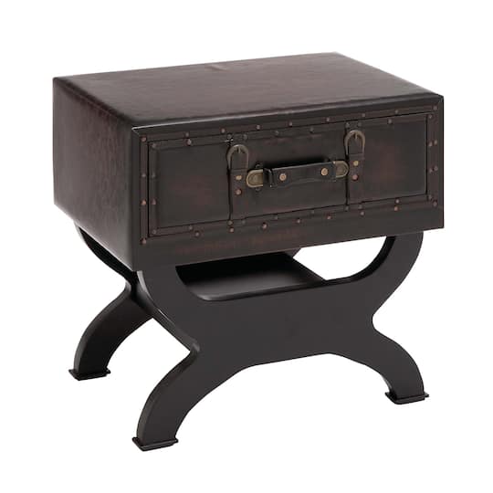 Brown Wood and Faux Leather Traditional Accent Table, 22" x 22" x 16"